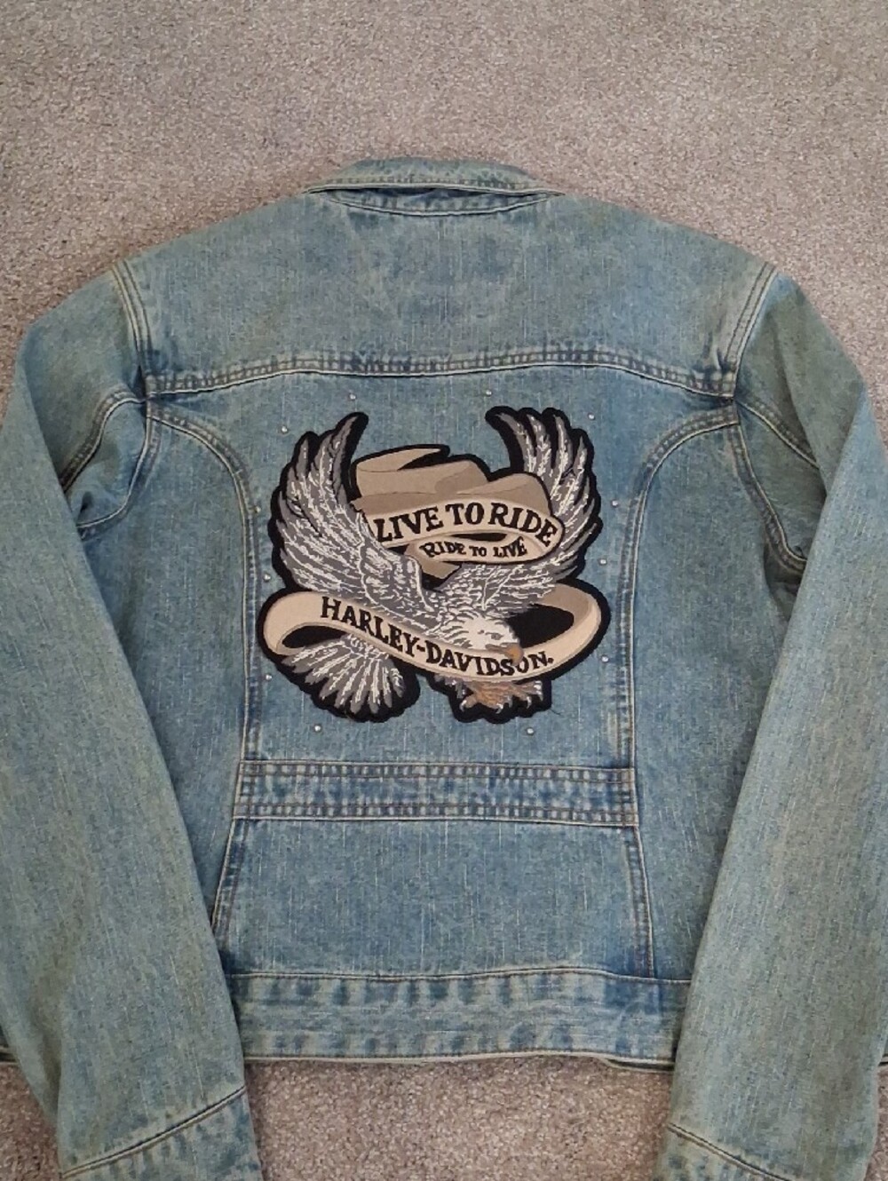 VTG Harley-Davidson Light Blue Distressed Denim Classic "Live To Ride"Jacket (M) - Picture 3 of 12